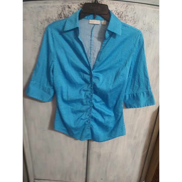 New York & Company Stretch Collared Button Up Blouse Blue Small Y2K - Picture 2 of 11